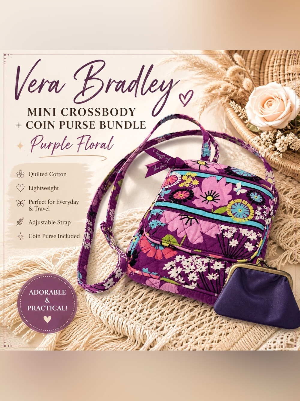 Vera Bradley Mini Crossbody Purple Floral Coin Purse Bundle